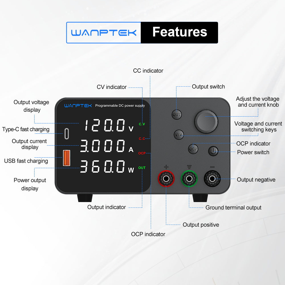 WANPTEK TPS1203 Adjustable Regulated DC Power Supply, 120V 3A, Encoder Adjustment, USB Type-C Fast Charging, 4-Digit Display, Low Noise, A/V Switching, Cooling Fan Black - EU Plug