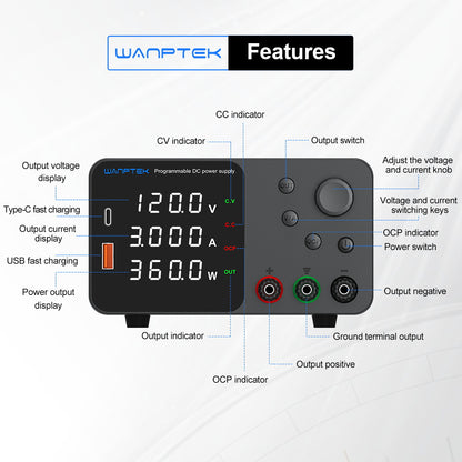 WANPTEK TPS1203 Adjustable Regulated DC Power Supply, 120V 3A, Encoder Adjustment, USB Type-C Fast Charging, 4-Digit Display, Low Noise, A/V Switching, Cooling Fan Black - EU Plug