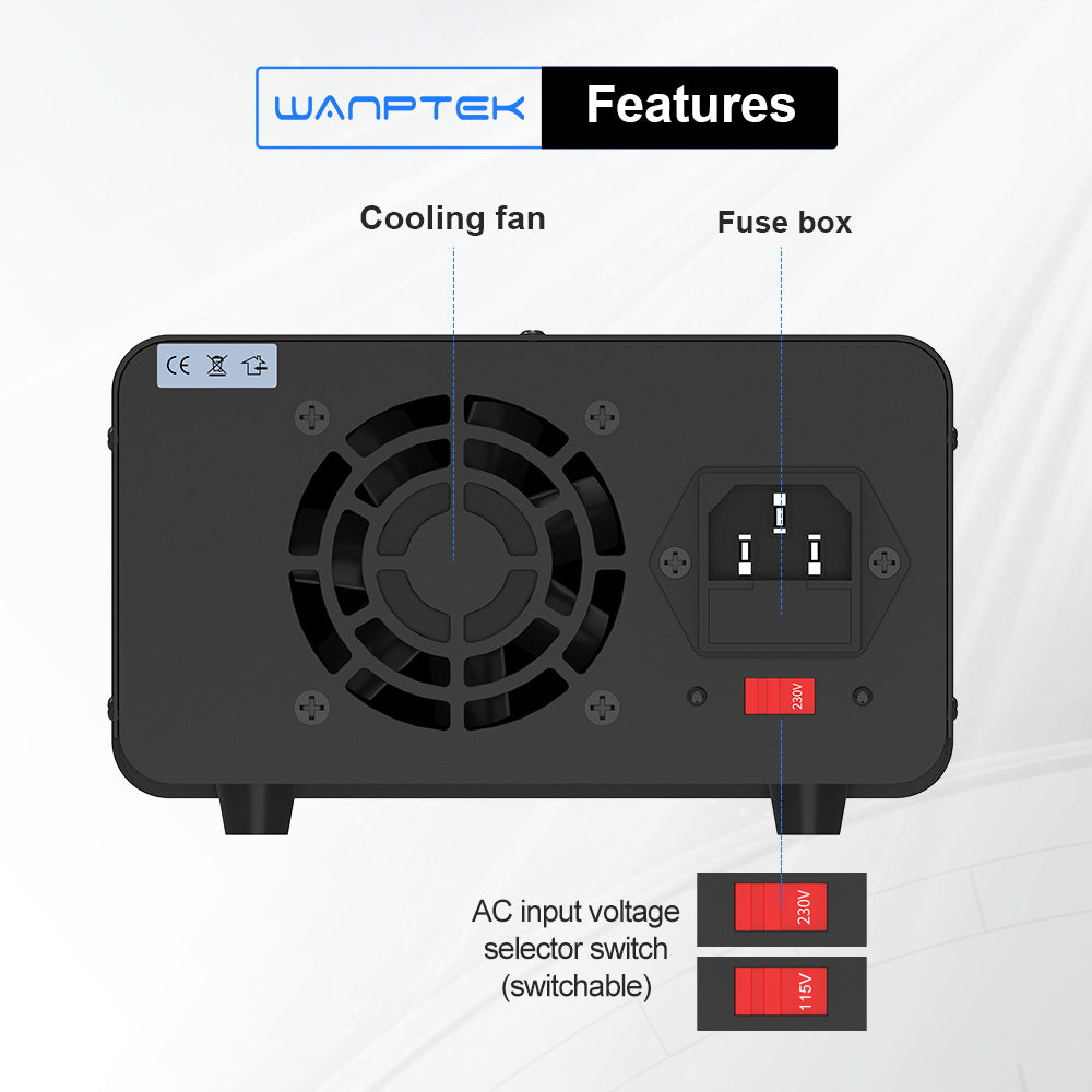 WANPTEK TPS1203 Adjustable Regulated DC Power Supply, 120V 3A, Encoder Adjustment, USB Type-C Fast Charging, 4-Digit Display, Low Noise, A/V Switching, Cooling Fan Black - EU Plug