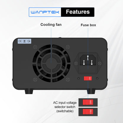 WANPTEK TPS1203 Adjustable Regulated DC Power Supply, 120V 3A, Encoder Adjustment, USB Type-C Fast Charging, 4-Digit Display, Low Noise, A/V Switching, Cooling Fan Black - EU Plug