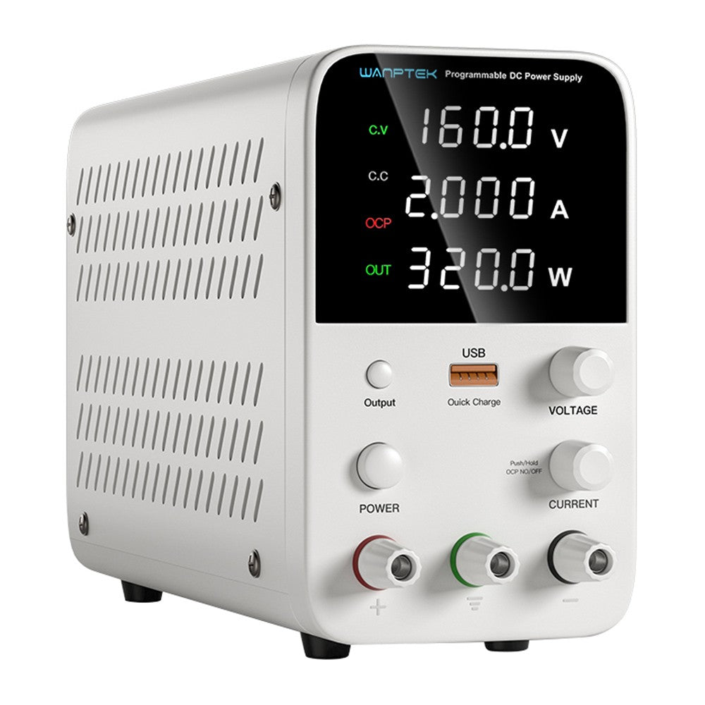 WANPTEK WPS1602 Programmable Regulated DC Power Supply, 160V 2A, Encoder Adjustment, USB Fast Charge, Intelligent Temperature Control, 4-Digit Display, Low Ripple, Low Noise White - UK Plug