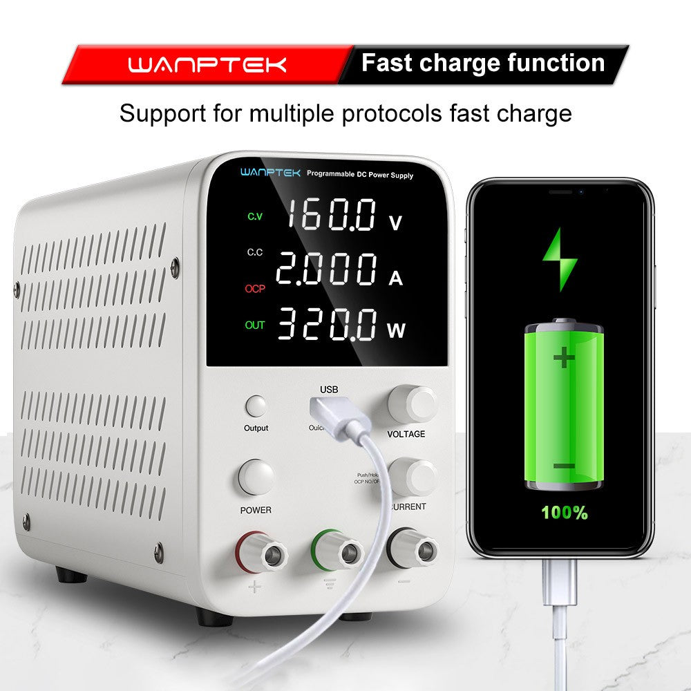 WANPTEK WPS1602 Programmable Regulated DC Power Supply, 160V 2A, Encoder Adjustment, USB Fast Charge, Intelligent Temperature Control, 4-Digit Display, Low Ripple, Low Noise White - UK Plug