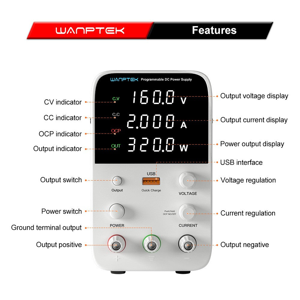 WANPTEK WPS1602 Programmable Regulated DC Power Supply, 160V 2A, Encoder Adjustment, USB Fast Charge, Intelligent Temperature Control, 4-Digit Display, Low Ripple, Low Noise White - UK Plug