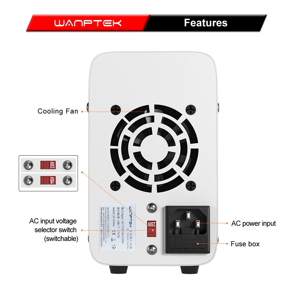 WANPTEK WPS1602 Programmable Regulated DC Power Supply, 160V 2A, Encoder Adjustment, USB Fast Charge, Intelligent Temperature Control, 4-Digit Display, Low Ripple, Low Noise White - UK Plug