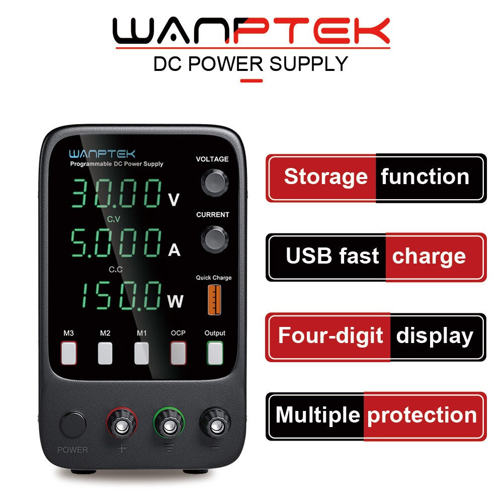 WANPTEK APS305H Programmable Regulated DC Power Supply, 30V 5A, Storage Memory Function, Encoder Adjustment, USB Fast Charge, 4-Digit Display, Low Ripple, Cooling Fan Black - EU Plug
