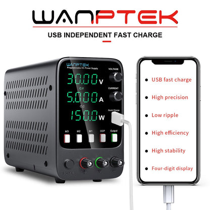 WANPTEK APS305H Programmable Regulated DC Power Supply, 30V 5A, Storage Memory Function, Encoder Adjustment, USB Fast Charge, 4-Digit Display, Low Ripple, Cooling Fan Black - EU Plug