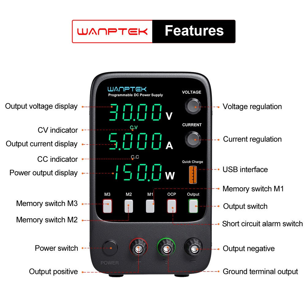 WANPTEK APS305H Programmable Regulated DC Power Supply, 30V 5A, Storage Memory Function, Encoder Adjustment, USB Fast Charge, 4-Digit Display, Low Ripple, Cooling Fan Black - EU Plug