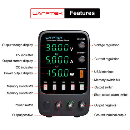 WANPTEK APS305H Programmable Regulated DC Power Supply, 30V 5A, Storage Memory Function, Encoder Adjustment, USB Fast Charge, 4-Digit Display, Low Ripple, Cooling Fan Black - EU Plug