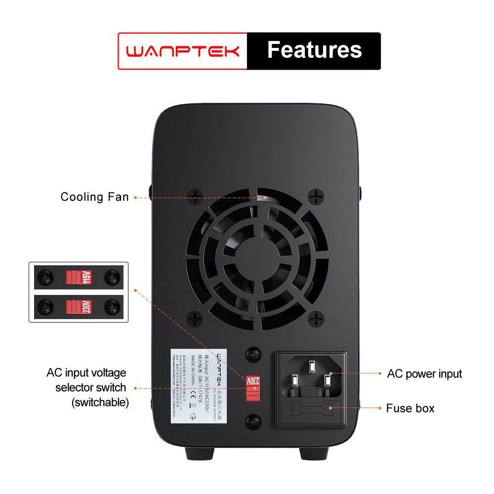 WANPTEK APS305H Programmable Regulated DC Power Supply, 30V 5A, Storage Memory Function, Encoder Adjustment, USB Fast Charge, 4-Digit Display, Low Ripple, Cooling Fan Black - EU Plug