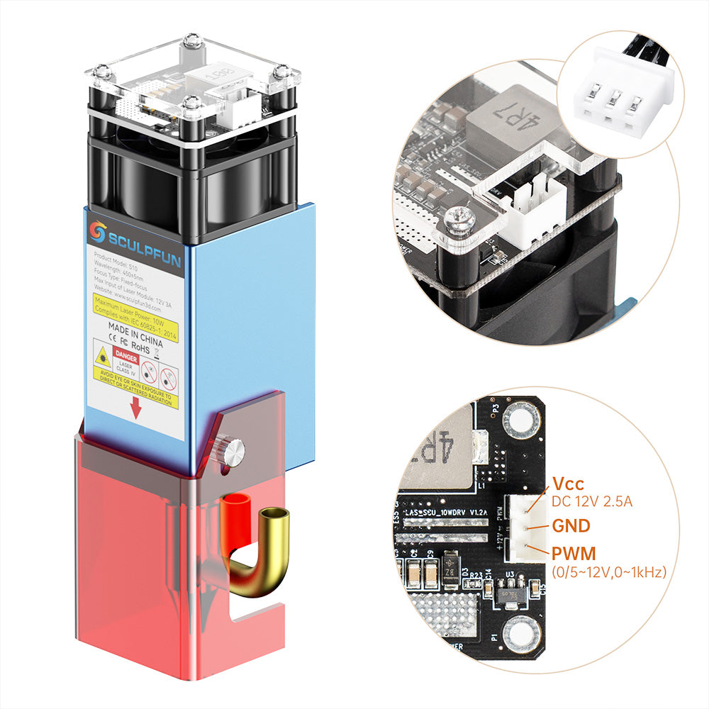 SCULPFUN S10 10W Laser Module Set, High Speed Air Assist, Fixed Focus, 0.08mm Ultra-Fine Compressed Spot, Adjustable Laser Eye Shield