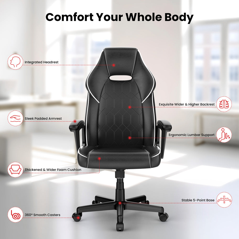 Herní kancelářská židle ACGAM CG-5354 XL verze, ergonomický design, flexibilní nastavení náklonu, tuhosti a výšky, vysoce kvalitní PVC kůže, elegantní polstrované područky, plynulé otáčení o 360°