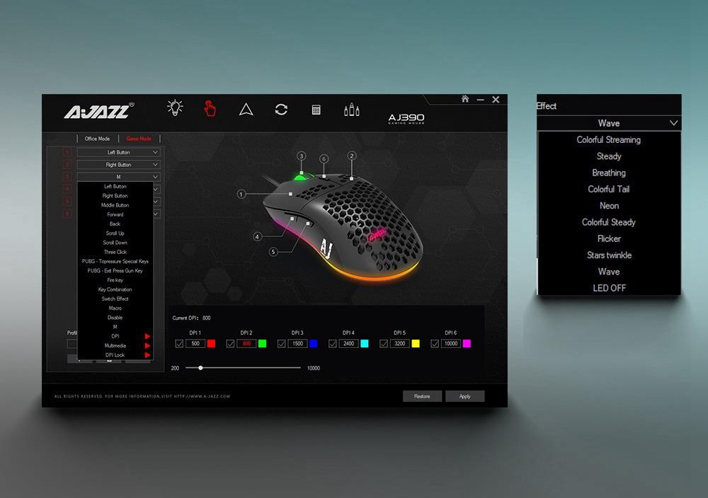 Ajazz AJ390 Ultralehká optická drátová myš s dutým RGB podsvícením, 16000 DPI, nastavitelná, 7 kláves - černá