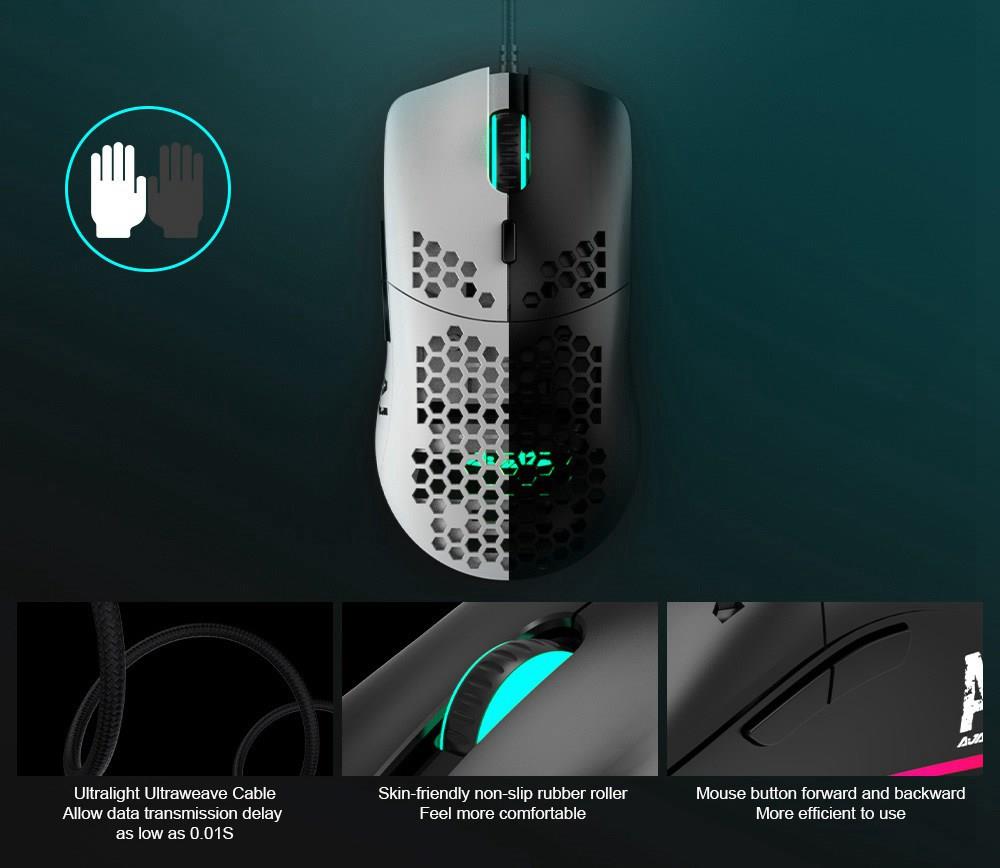 Ajazz AJ390 Ultralehká optická drátová myš s dutým RGB podsvícením, 16000 DPI, nastavitelná, 7 kláves - černá