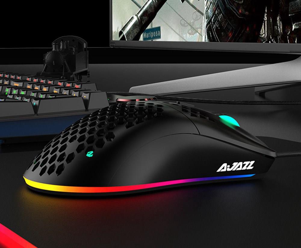 Ajazz AJ390 Ultralehká optická drátová myš s dutým RGB podsvícením, 16000 DPI, nastavitelná, 7 kláves - černá