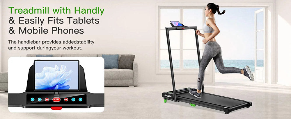Akluer 480L-B šikmá běžecká podložka s rukojetí, 2,5HP běžecký pás pod stůl, LED obrazovka a dálkové ovládání, maximální nosnost 150 kg, skládací