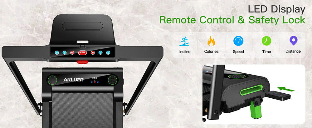 Akluer 480L-B šikmá běžecká podložka s rukojetí, 2,5HP běžecký pás pod stůl, LED obrazovka a dálkové ovládání, maximální nosnost 150 kg, skládací
