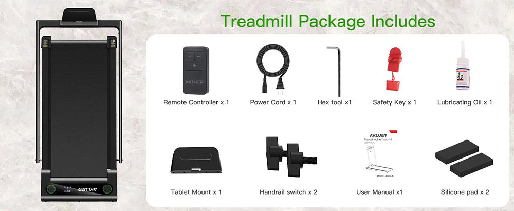 Akluer 480L-B šikmá běžecká podložka s rukojetí, 2,5HP běžecký pás pod stůl, LED obrazovka a dálkové ovládání, maximální nosnost 150 kg, skládací