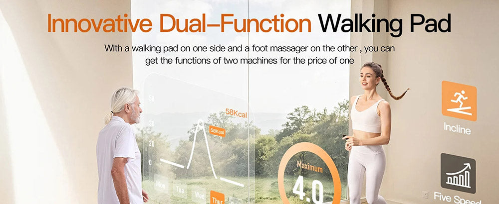 Běžecký pás Akluer 520 s oboustranným podstavcem, masážní přístroj na nohy Shiatsu, podložka na chůzi se sklonem, tichý motor 2,5 HP, LED displej