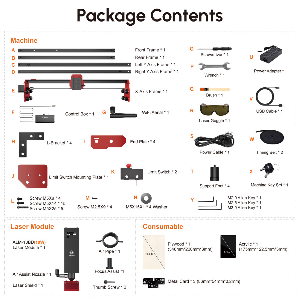 AlgoLaser DIY KIT 10W laserový gravírovací stroj, dvoujádrový procesor, rychlost gravírování 12 000 mm/min, 2,4G WiFi, 400*400 mm (157,5*157,5 palce)