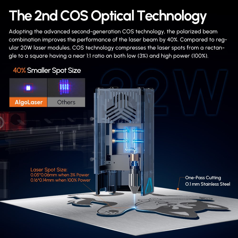 Laserový gravírovací stroj AlgoLaser Delta 22W s vzduchovým čerpadlem, rychlost gravírování 500 mm/s, 440*415 mm (173,2*163,4 palce)