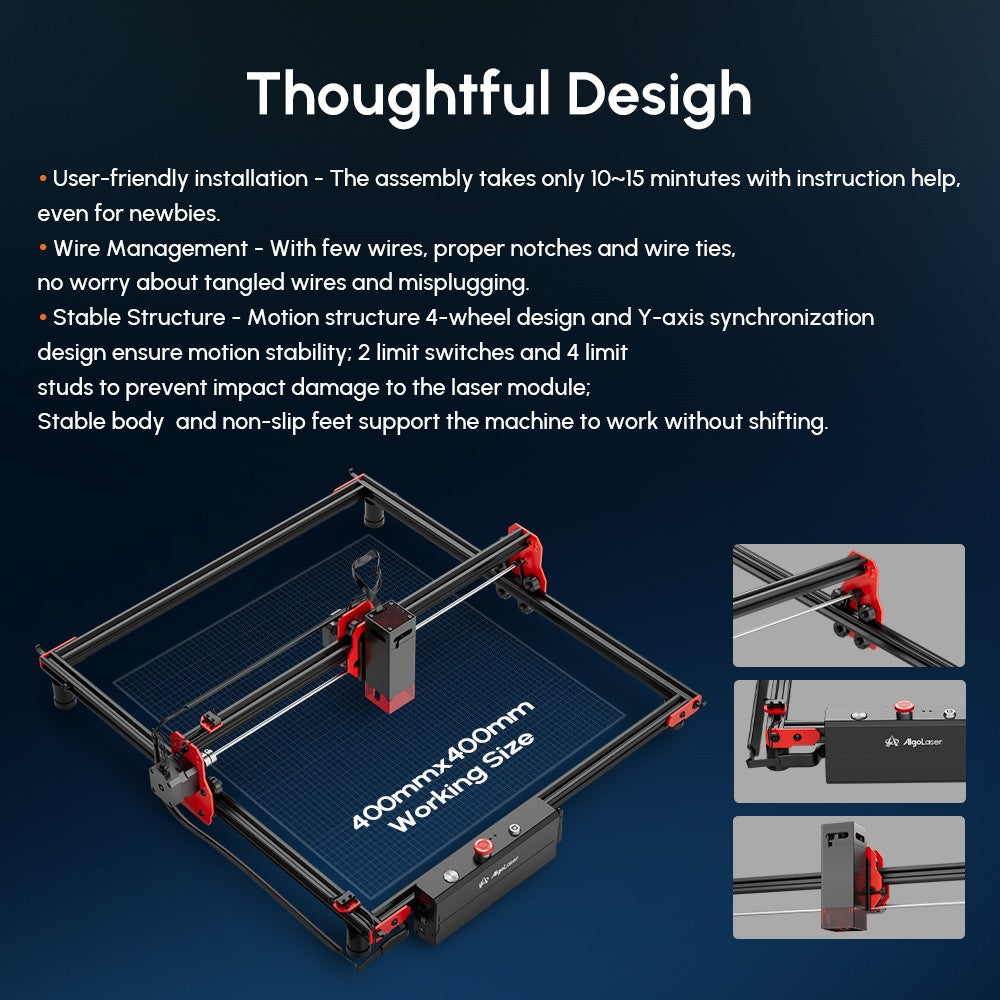 AlgoLaser DIY KIT 5W laserový gravírovací stroj, dvoujádrový procesor, rychlost gravírování 12 000 mm/min, 2,4G WiFi, 400*400 mm (157,5*157,5 palce)