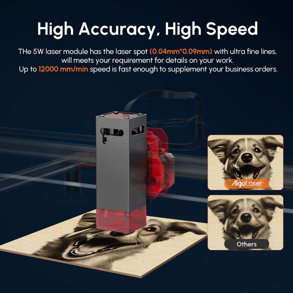 AlgoLaser DIY KIT 5W laserový gravírovací stroj, dvoujádrový procesor, rychlost gravírování 12 000 mm/min, 2,4G WiFi, 400*400 mm (157,5*157,5 palce)