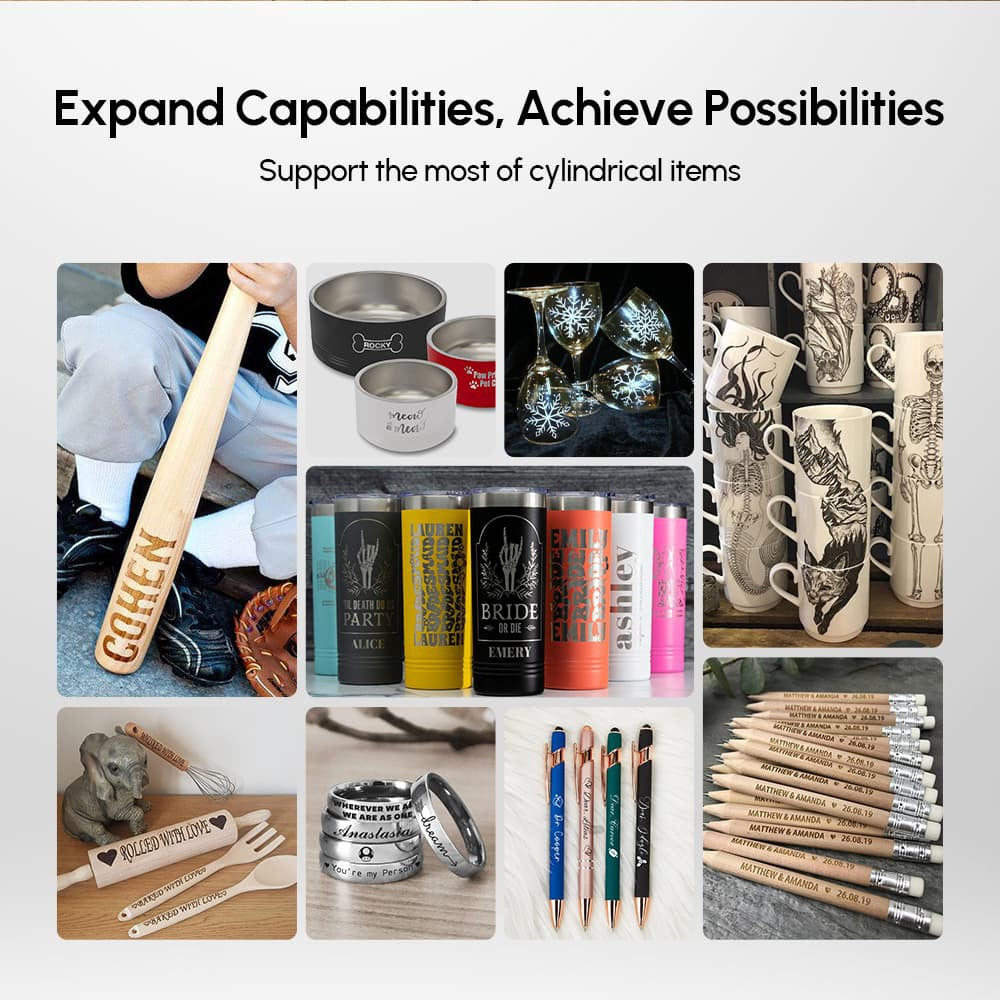 Rotační válec AlgoLaser RR2, výškově nastavitelný držák, rychlost gravírování 3000 mm/min, 7 převodových stupňů, pro gravírovací stroje Alpha, Delta a DIY Kit