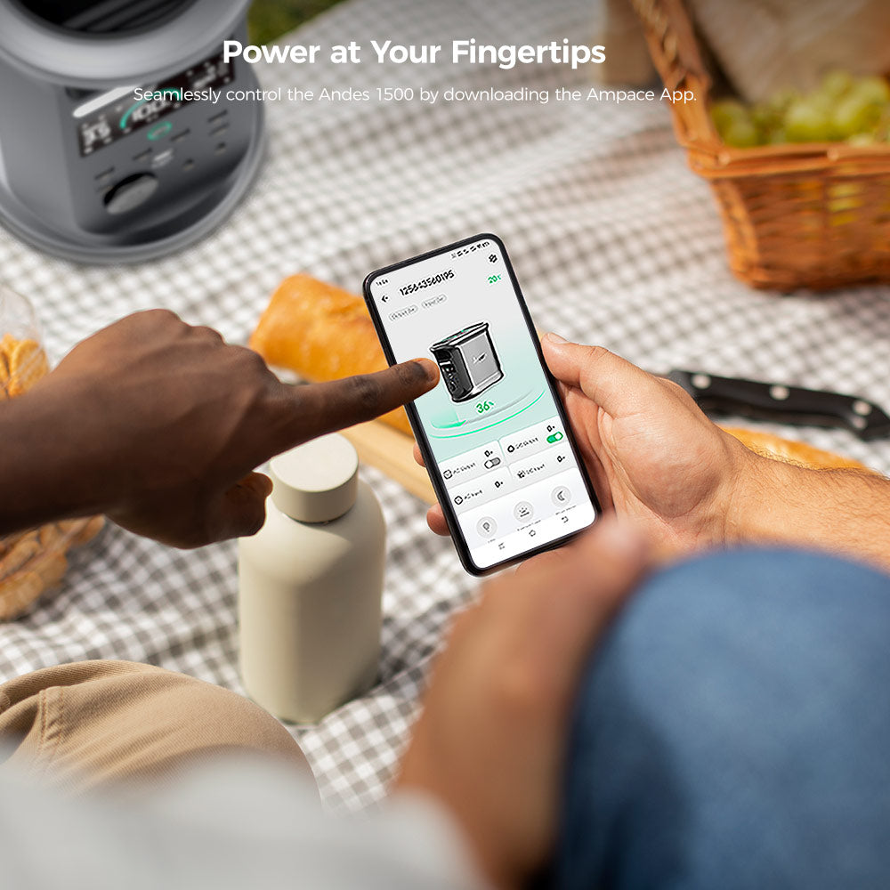 Přenosná elektrárna Ampace Andes 1500, kapacita 1462 Wh LiFePO4, solární generátor 2400 W, plné nabití za 55 minut, 13 výstupních portů, 6000 cyklů, pro venkovní kempování, obytné vozy, domácí zálohování