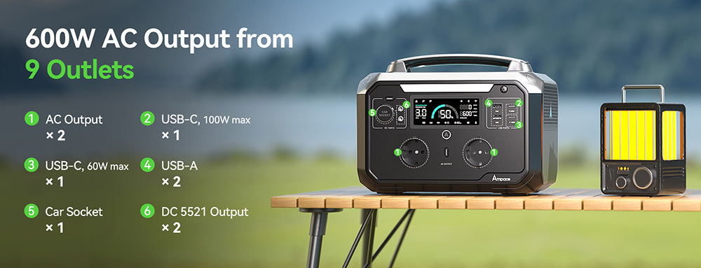 Přenosná elektrárna Ampace P600 Pro, 584Wh LiFePO4 baterie, 2000 cyklů, ovládání přes aplikaci, 600W solární generátor pro venkovní kempování, obytné vozy, domácí použití, 9 výstupních portů