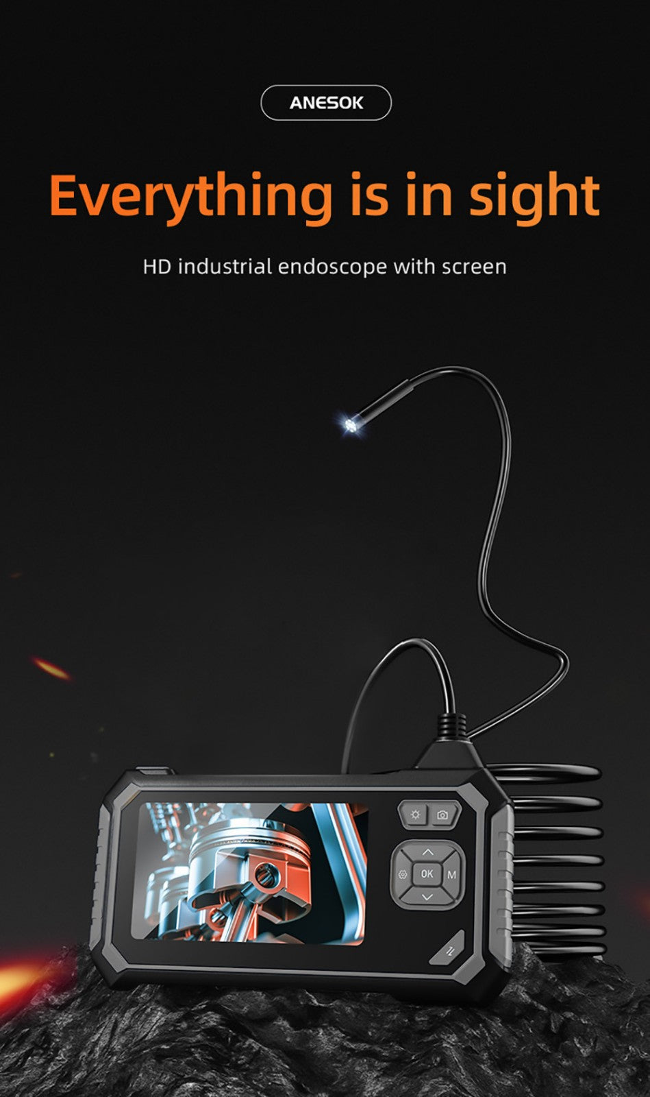 Endoskop ANESOK 113B, 4,3palcová IPS obrazovka, jeden objektiv, rozlišení 1080P, 6 nastavitelných LED světel, 3 hodiny provozní doby, vodotěsnost IP67, 1m kabel - oranžová