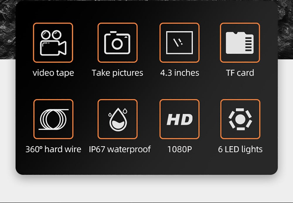 Endoskop ANESOK 113B, 4,3palcová IPS obrazovka, jeden objektiv, rozlišení 1080P, 6 nastavitelných LED světel, 3 hodiny provozní doby, vodotěsnost IP67, 1m kabel - oranžová