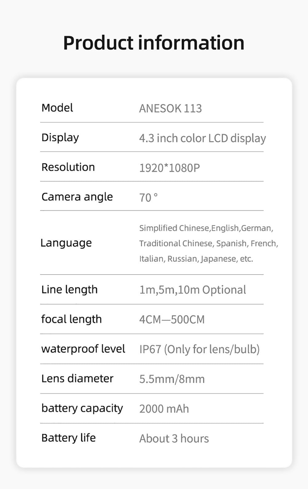 Endoskop ANESOK 113B, 4,3palcová IPS obrazovka, jeden objektiv, rozlišení 1080P, 6 nastavitelných LED světel, 3 hodiny provozní doby, vodotěsnost IP67, 1m kabel - oranžová
