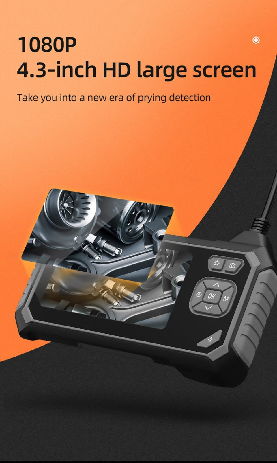 Endoskop ANESOK 113B, 4,3palcová IPS obrazovka, jeden objektiv, rozlišení 1080P, 6 nastavitelných LED světel, 3 hodiny provozní doby, vodotěsnost IP67, 1m kabel - oranžová