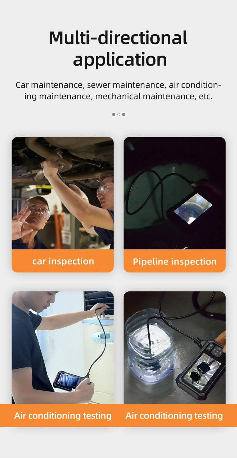 Endoskop ANESOK 113B, 4,3palcová IPS obrazovka, jeden objektiv, rozlišení 1080P, 6 nastavitelných LED světel, 3 hodiny provozní doby, vodotěsnost IP67, 1m kabel - oranžová