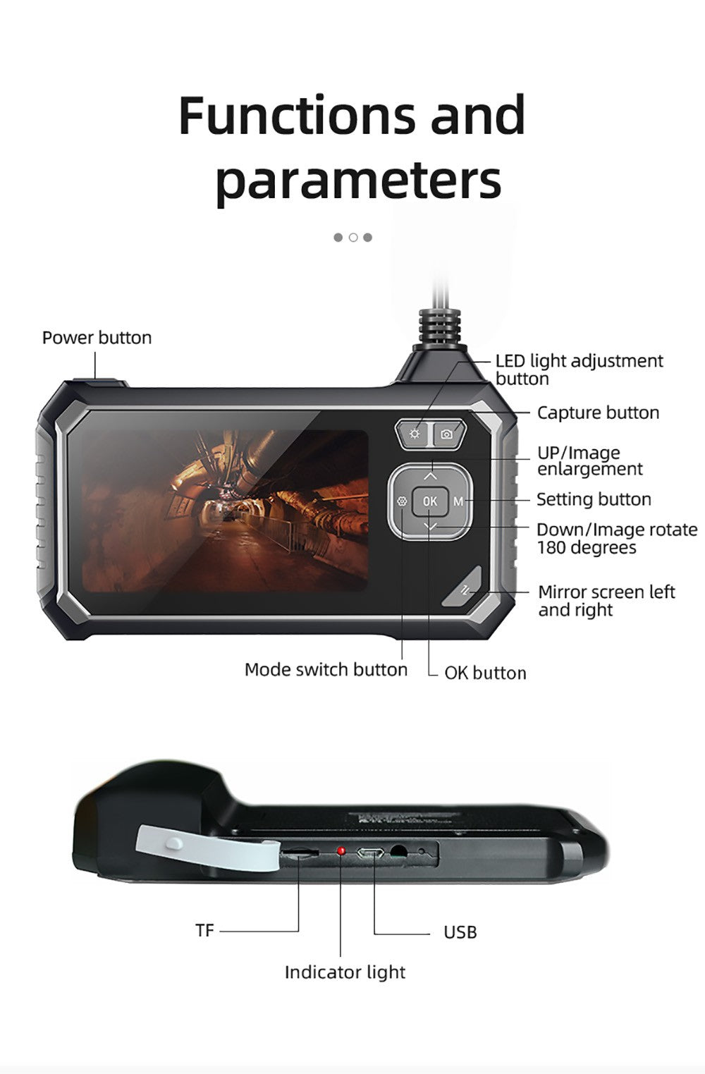 Endoskop ANESOK 113B, 4,3palcová IPS obrazovka, jeden objektiv, rozlišení 1080P, 6 nastavitelných LED světel, 3 hodiny provozní doby, vodotěsnost IP67, 1m kabel - oranžová