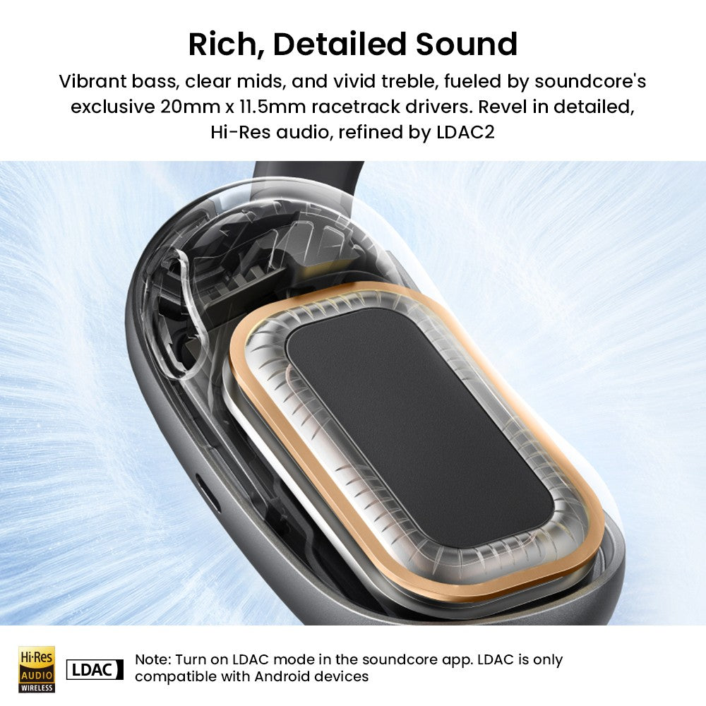 Anker Soundcore AeroFit 2 Bezdrátová sluchátka s otevřeným uchem, nastavitelné háčky na uši, Bluetooth 5.4, bezdrátový zvuk s vysokým rozlišením - černá