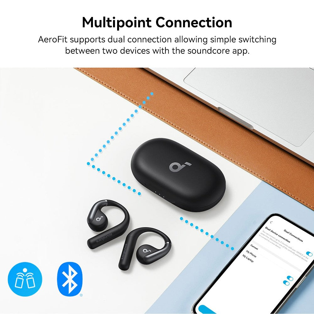 Anker Soundcore AeroFit otevřená sluchátka do uší, ergonomický háček na uši, vodotěsnost IPX7, ovládání aplikací, až 42 hodin přehrávání - modrá