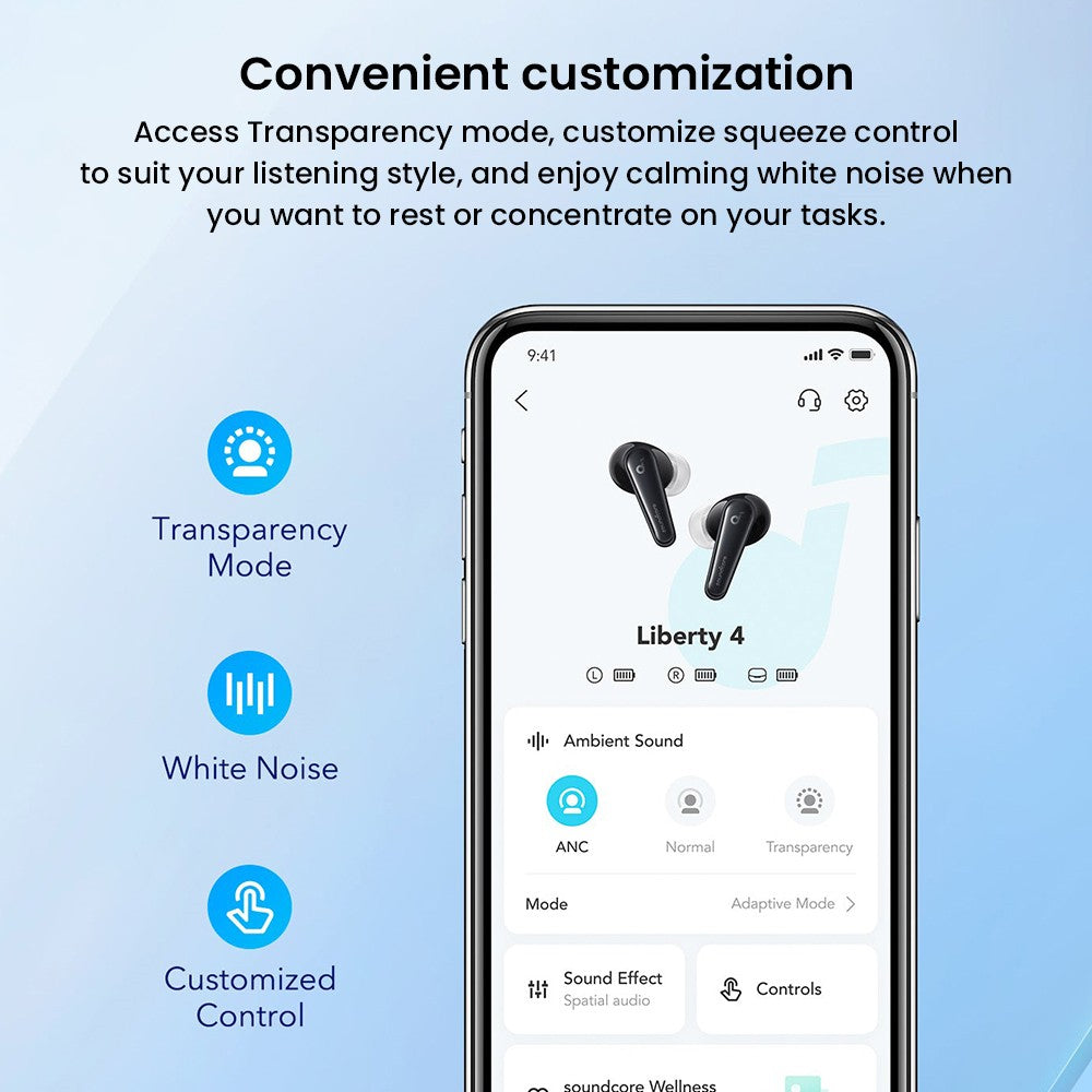 Anker Soundcore Liberty 4 True Wireless ANC sluchátka, bezdrátový zvuk s vysokým rozlišením, prostorový zvuk s duálními režimy, senzor tepové frekvence - černá