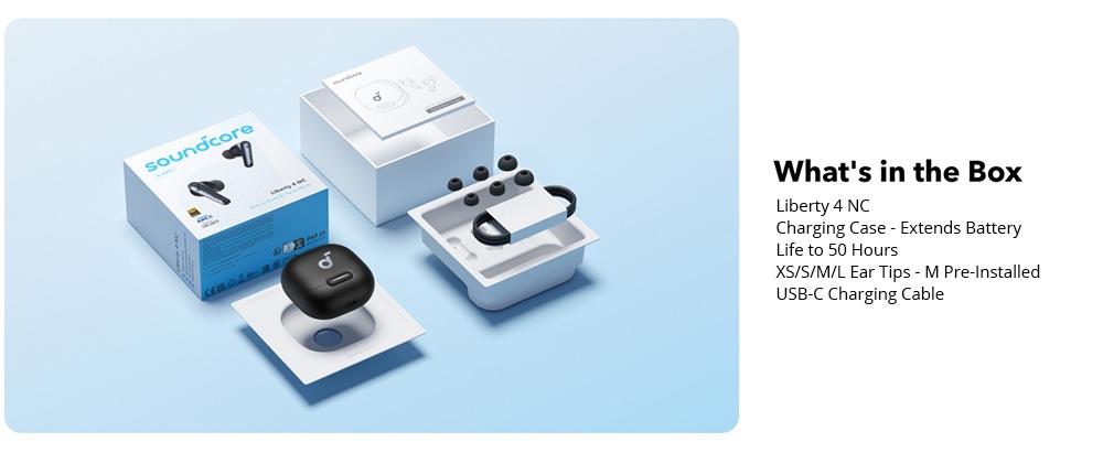 Sluchátka Soundcore Liberty 4 NC Earbuds TWS, adaptivní ANC 2.0, Bluetooth 5.3, vodotěsnost IPX4, rychlé nabíjení - bílá