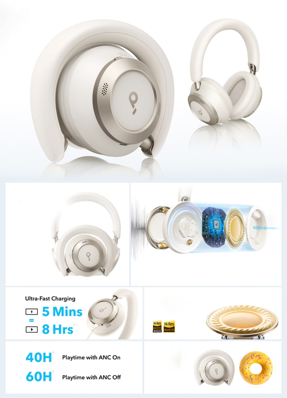 Sluchátka Anker Soundcore Space One Pro, adaptivní ANC, 40 hodin přehrávání (ANC zapnuté), bezdrátový zvuk ve vysokém rozlišení, ultrarychlé nabíjení - černá