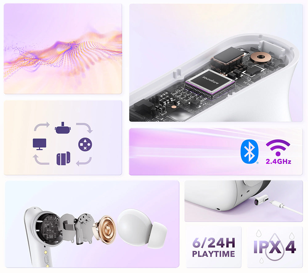 Herní sluchátka Anker Soundcore VR P10 TWS, kompatibilní s Meta Quest 2, Steam Deck, PS4, PS5, PC, Switch - bílá