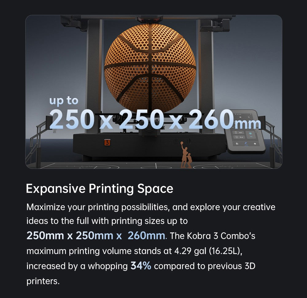 3D tiskárna ANYCUBIC KOBRA 3 COMBO s technologií ACE Pro, maximální rychlost 600 mm/s, duální systém PTC ohřevu, inteligentní vícebarevný tisk, automatické vyrovnávání, detekce ucpání trysek, rozšiřitelné rozměry 250x250x260 mm