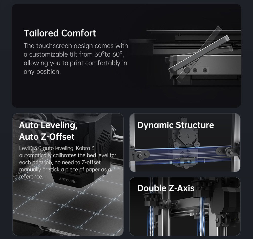 3D tiskárna ANYCUBIC KOBRA 3 COMBO s technologií ACE Pro, maximální rychlost 600 mm/s, duální systém PTC ohřevu, inteligentní vícebarevný tisk, automatické vyrovnávání, detekce ucpání trysek, rozšiřitelné rozměry 250x250x260 mm