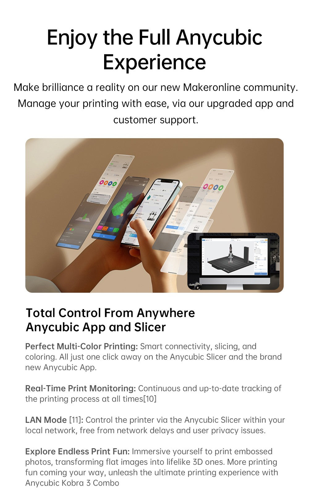 3D tiskárna ANYCUBIC KOBRA 3 COMBO s technologií ACE Pro, maximální rychlost 600 mm/s, duální systém PTC ohřevu, inteligentní vícebarevný tisk, automatické vyrovnávání, detekce ucpání trysek, rozšiřitelné rozměry 250x250x260 mm