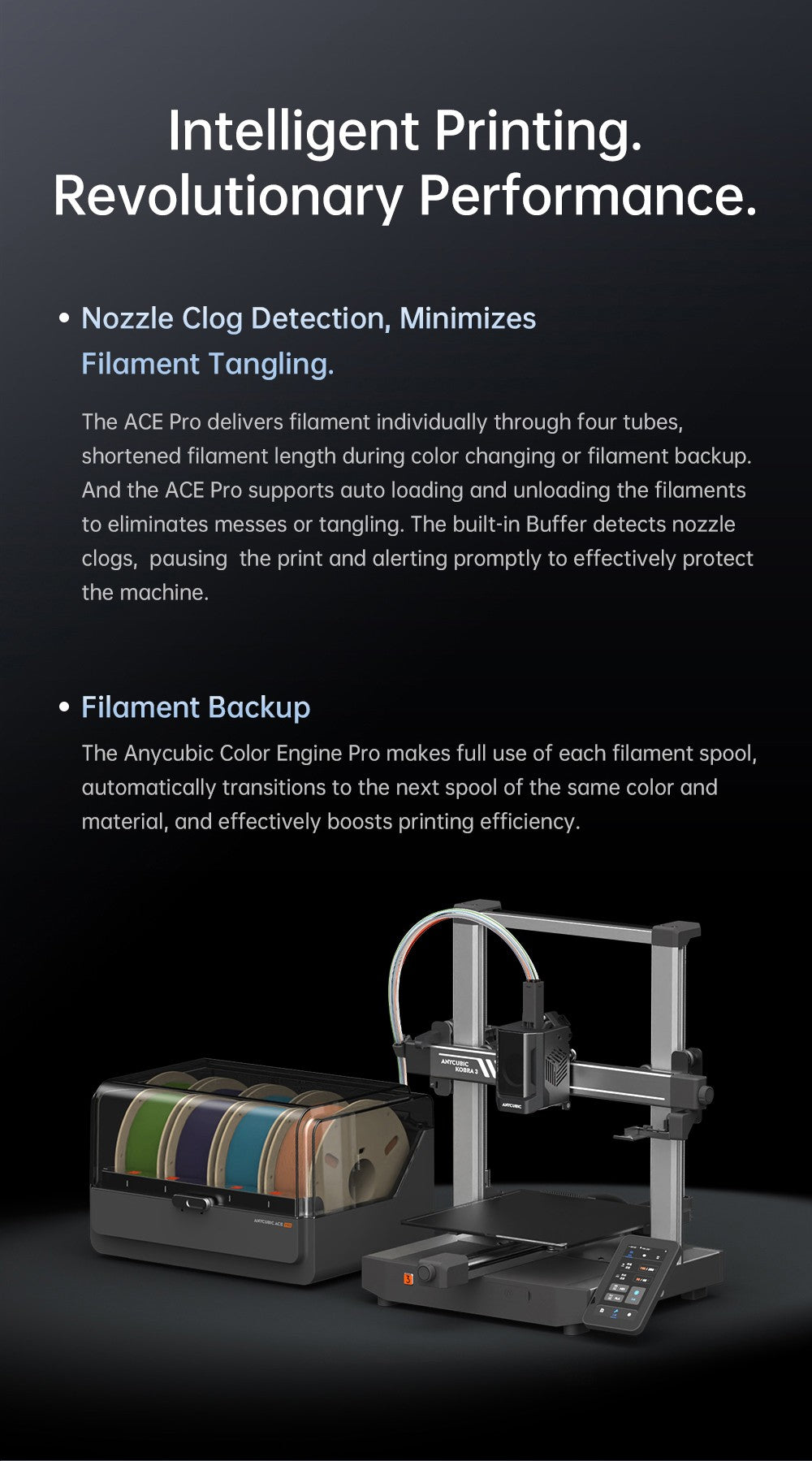 3D tiskárna ANYCUBIC KOBRA 3 COMBO s technologií ACE Pro, maximální rychlost 600 mm/s, duální systém PTC ohřevu, inteligentní vícebarevný tisk, automatické vyrovnávání, detekce ucpání trysek, rozšiřitelné rozměry 250x250x260 mm