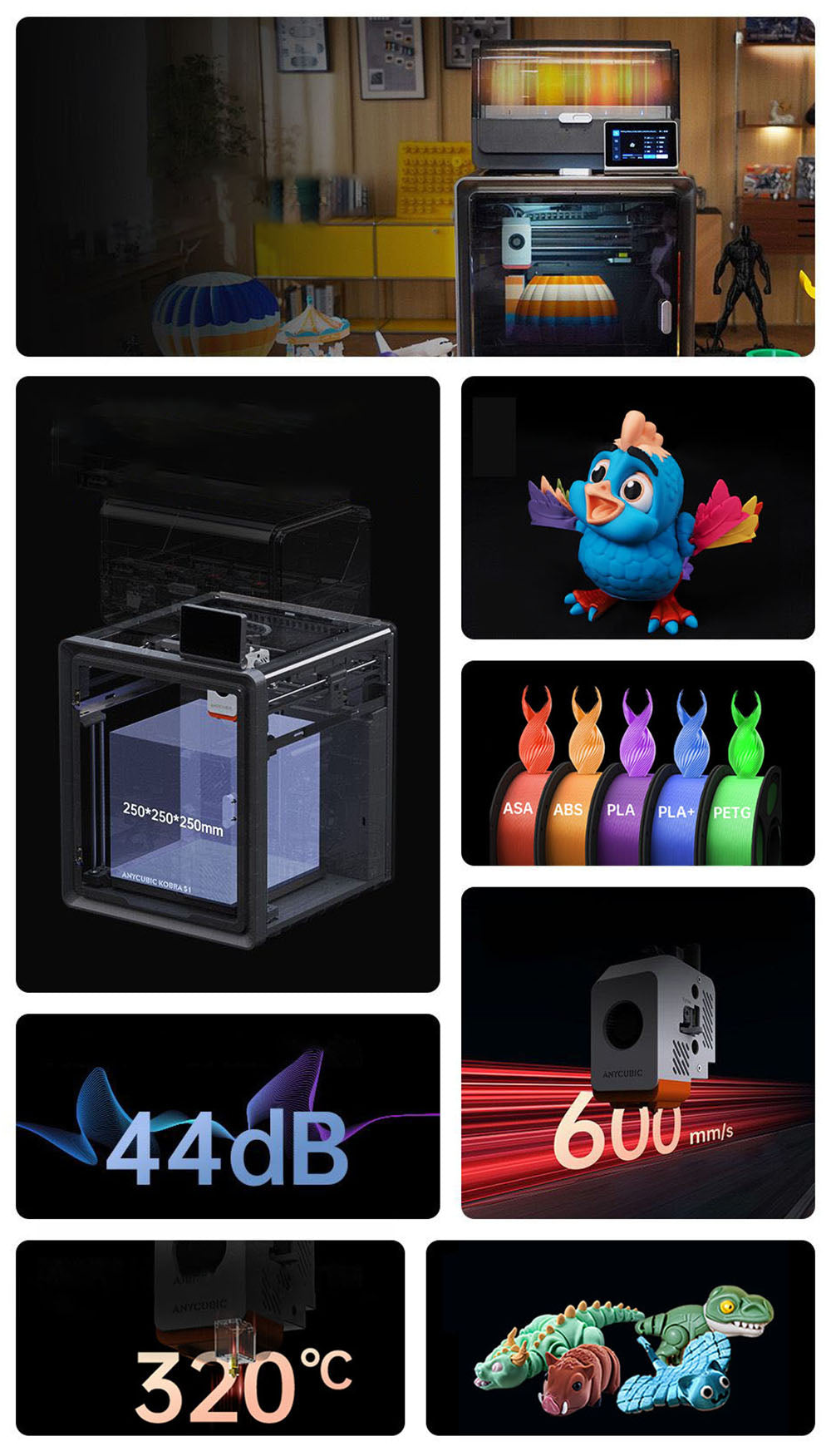 3D tiskárna ANYCUBIC KOBRA S1 COMBO, zářivý 8barevný tisk, ultra vysoká rychlost 600 mm/s, automatické vyrovnávání, hotend 320 °C, ultratichý chod 44 dB, konstrukce CoreXY, 250 * 250 * 250 mm