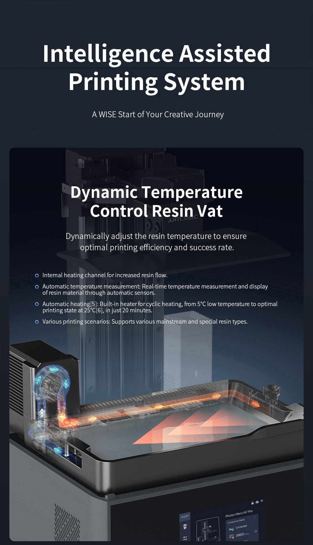 3D tiskárna Anycubic Photon Mono M7 Pro z pryskyřice, výška vrstvy 0,1 mm, rychlost tisku 170 mm/h, zdroj 14K COB LighTurbo 3.0, 10,1