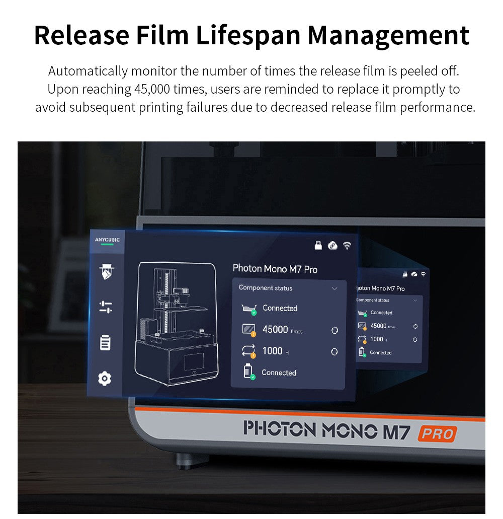 3D tiskárna Anycubic Photon Mono M7 Pro z pryskyřice, výška vrstvy 0,1 mm, rychlost tisku 170 mm/h, zdroj 14K COB LighTurbo 3.0, 10,1