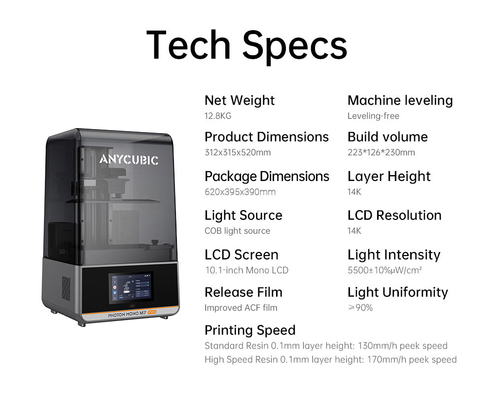 3D tiskárna Anycubic Photon Mono M7 Pro z pryskyřice, výška vrstvy 0,1 mm, rychlost tisku 170 mm/h, zdroj 14K COB LighTurbo 3.0, 10,1