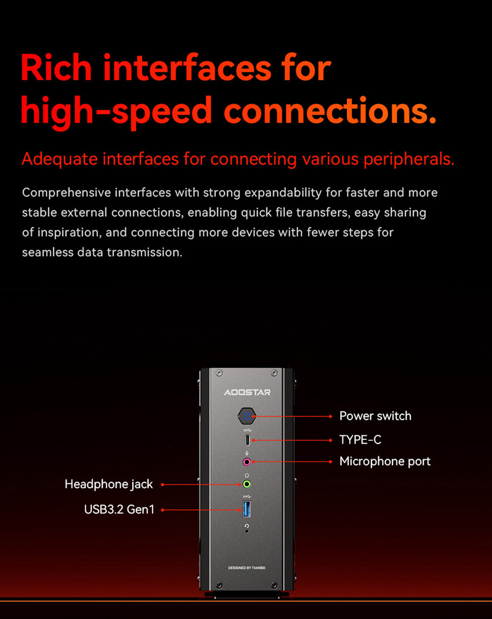 Herní mini PC AOOSTAR GODX s dedikovanou grafickou kartou, procesorem AMD Ryzen 9 6900HX 8 jader 4,9 GHz, grafickou kartou AMD Radeon RX 6600LE 8 GB 128bit, 32 GB RAM 1 TB SSD, WiFi6, 2x 2,5G LAN, 5x USB 3.2, 1x USB 4, 1x Type-C, 1x DP, 1x HDMI, 2x konektor pro sluchátka, 2x port pro mikrofon - zástrčka EU